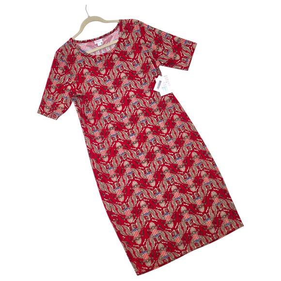 LuLaRoe Julia Dress 2XL Patriotic Americana Red Eagle Stars Stripes USA Flag - Picture 6 of 10